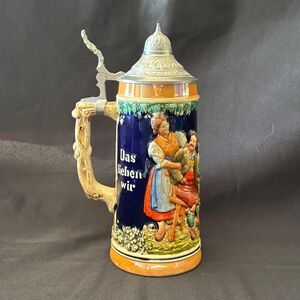 Vintage German Beer Stein with Silver Lid - Blue and Tan